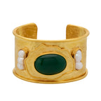 Gold Cuff. Artisinal cuff. Statemet cuff. Pearl. Green stone 