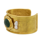 Gold cuff. pearl. Green stone 