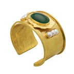 Gold cuff. Green Stone. Pearl Cuff