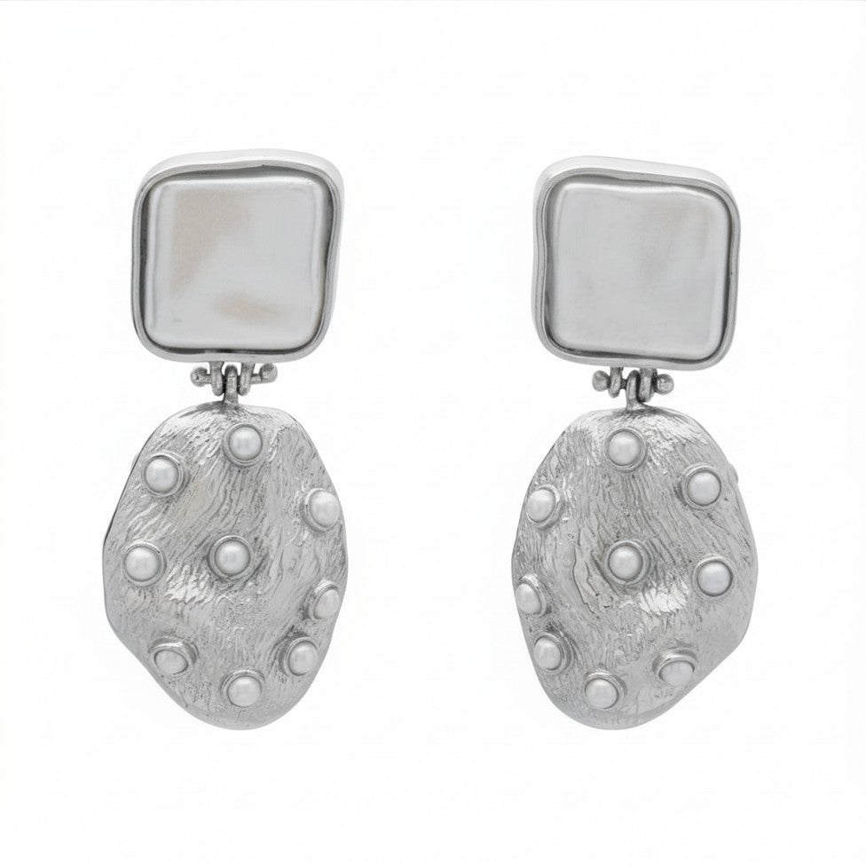 Silver drop earrings with pearl & mini pearls